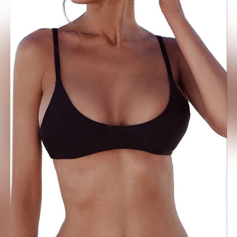 SherryDC Black Scoop Neck Bikini Top M NWT Minimalist Adjustable Strap Swimwear